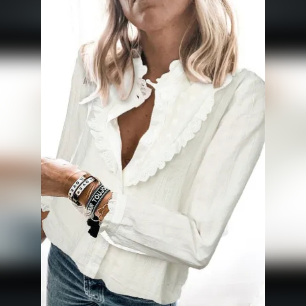 ♥️New stand collar ruffles textured shirt - Picture 2 of 16